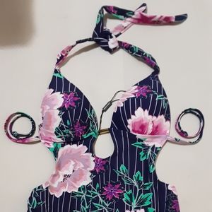 Power Flower 1PC Floral Striped Cutout Tie Back Halter Swimsuit US 6 New.